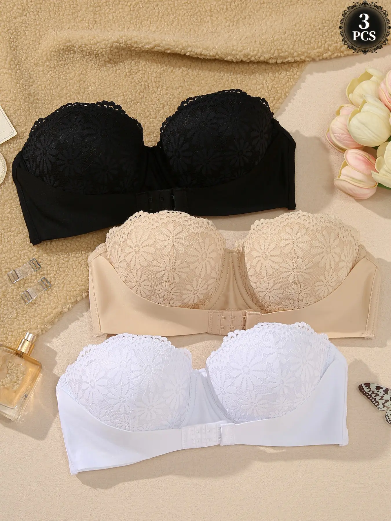 Women Feminine Floral Lace 2-Way Strapless Bandeau Bra, Anti-Slip No Roll Edge, Free Adjustable Clear Straps, Push Up Support, Versatile For Wedding Off Shoulder Outfits