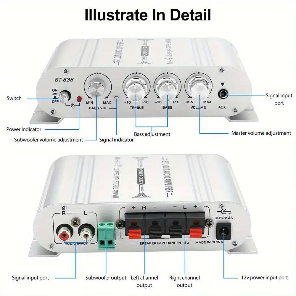12v 400 Watt 2.1channel Car Audio Stereo Amplifier Speaker Power Class A / B Amp