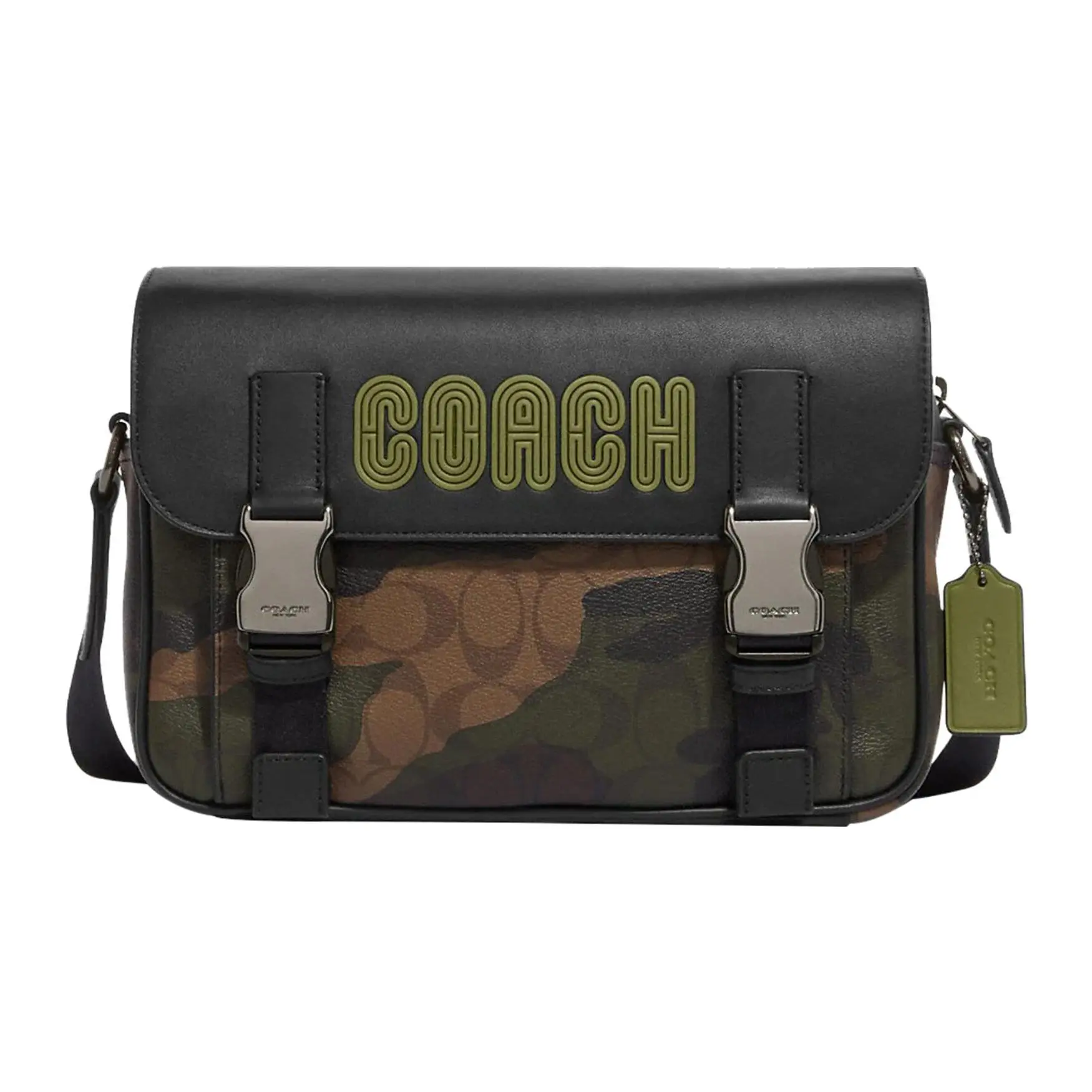 COACH Track 27 Crossbody Bag for Men – Camo-Print Leather with Multifunctional Interior Pockets, Olive Green