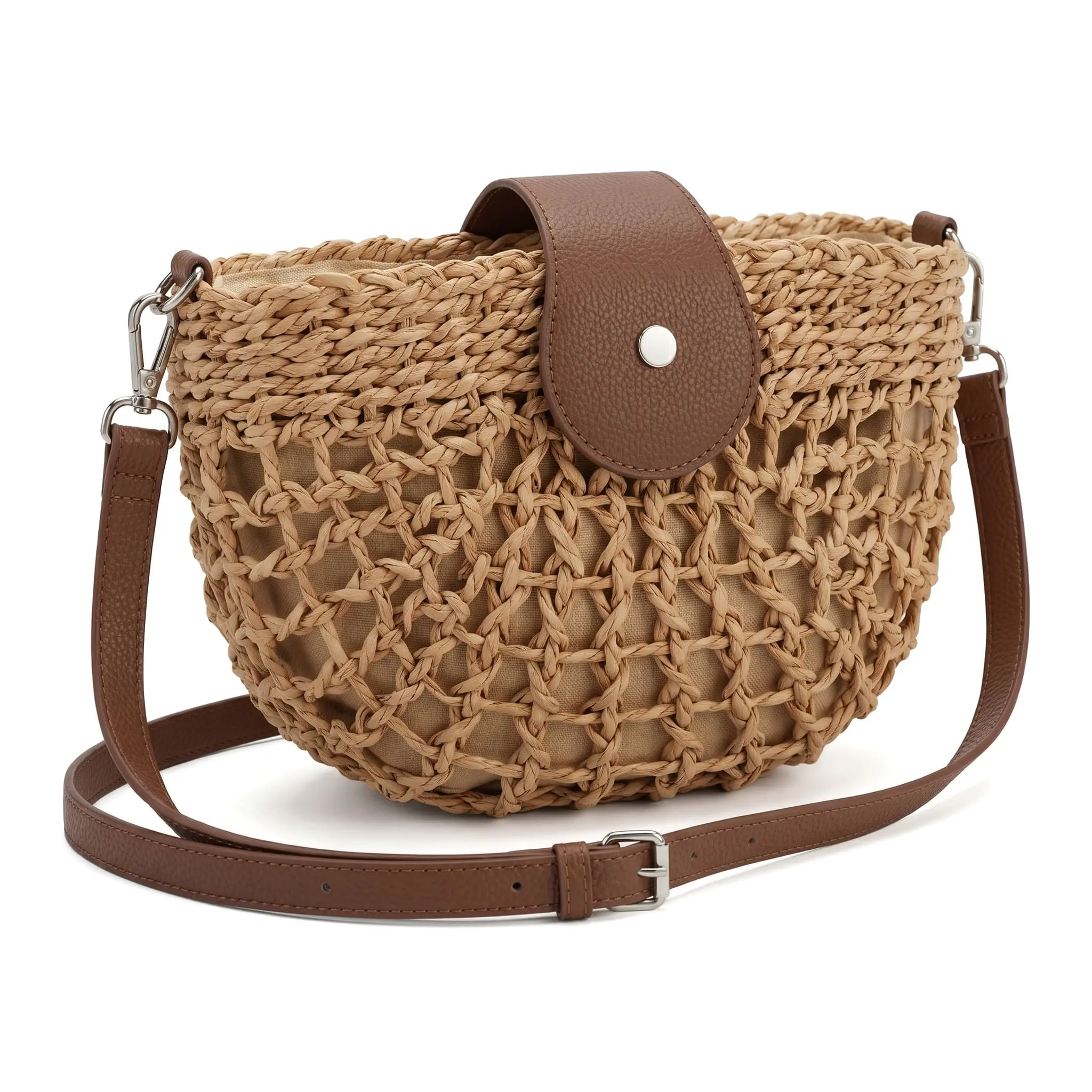 Women's Woven Straw Crossbody Bag - Boho Macrame Half Moon Saddle Purse with Leather Flap & Inner Lining, Summer Open-Weave Handbag for Beach Vacation