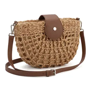 Women's Woven Straw Crossbody Bag - Boho Macrame Half Moon Saddle Purse with Leather Flap & Inner Lining, Summer Open-Weave Handbag for Beach Vacation