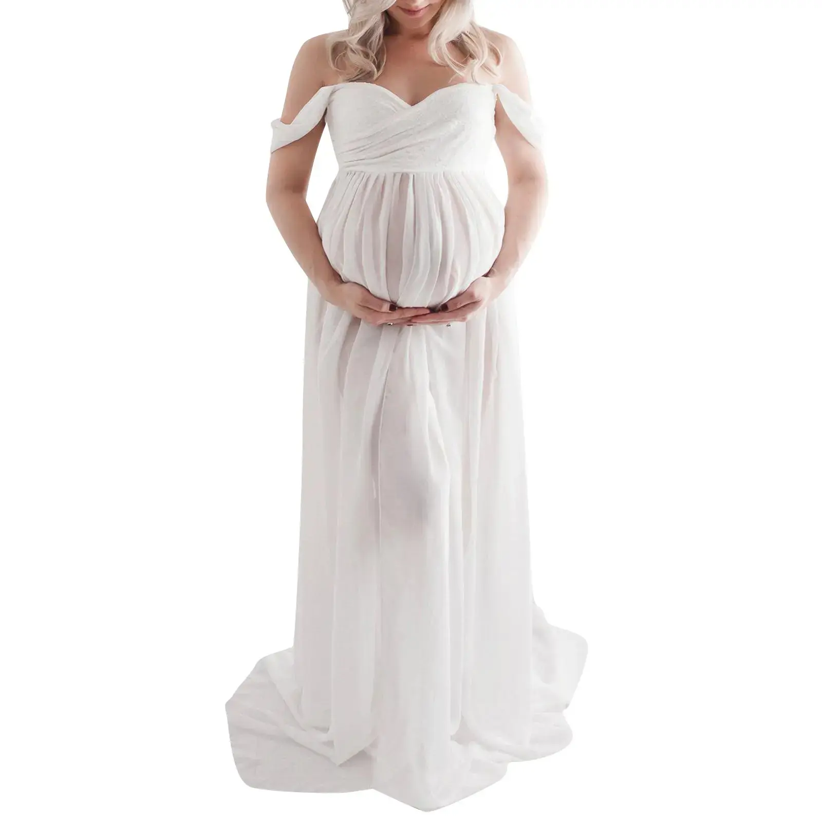 Maternity Dress for Photography Solid Color Off-Shoulder Chiffon Gown Front Split Long Pregnancy Dresses for Photoshoot