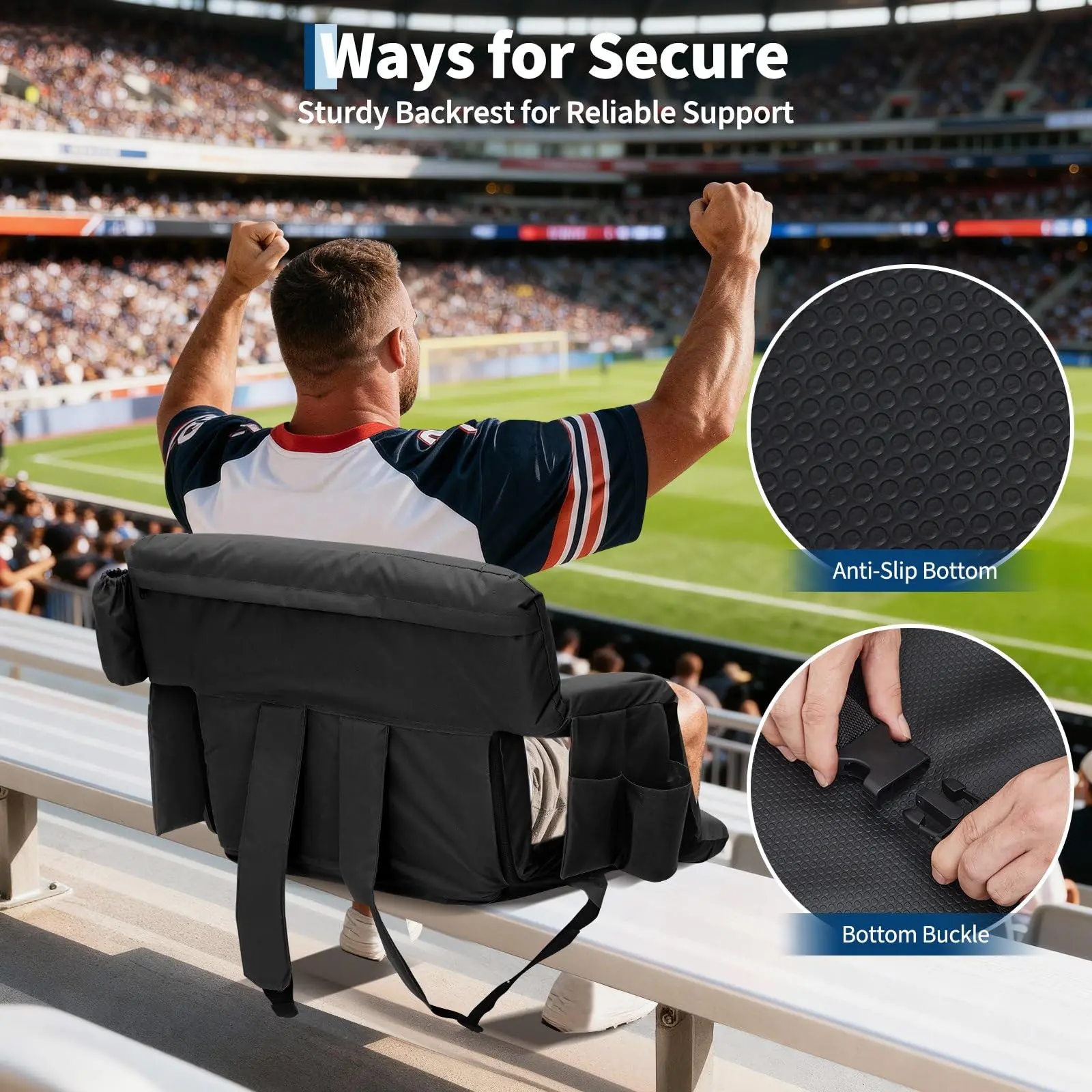 Comfortable Reclining Stadium Seat – 20.5" Wide Folding Bleacher Chair with Back Support, Padded Cushion, Armrests, Anti-Slip Mat, 6 Adjustable Angles, Large Pockets, Dual Cup Holders, Lightweight and Portable for Sports Events, Available in Grey & Red