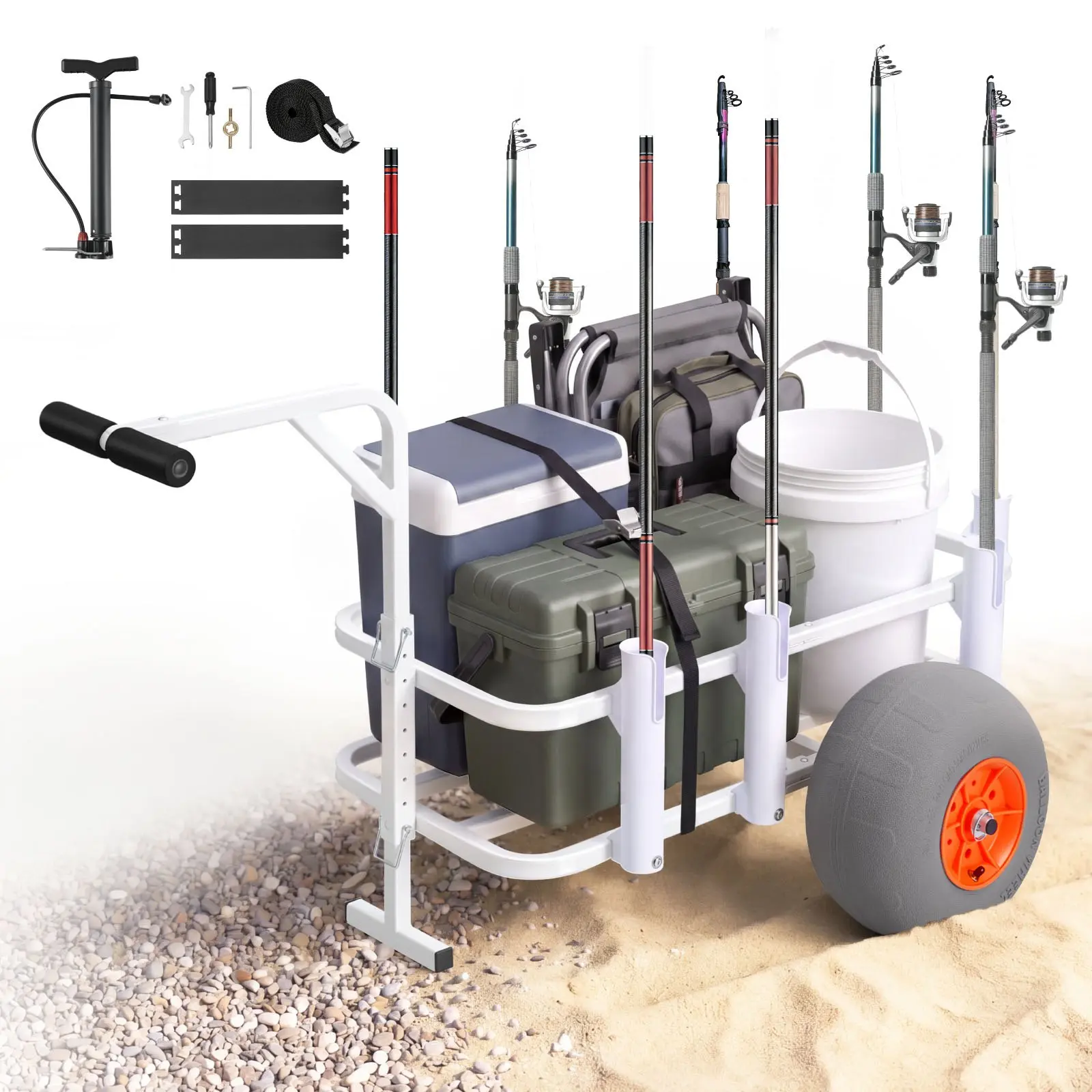 VEVOR 30011-sis Fishing 2-Wheel Frame Cart, 300 lbs (136 kg) Load Capacity, Heavy-Duty Aluminum Alloy Frame, 13-Inch Shock-Absorption PU Inflatable Rough Terrain Beach Wheels, 8 Rod Holders, Anti-Loosening Bolts, 34x14.5x7 in, for Camping, Picnic
