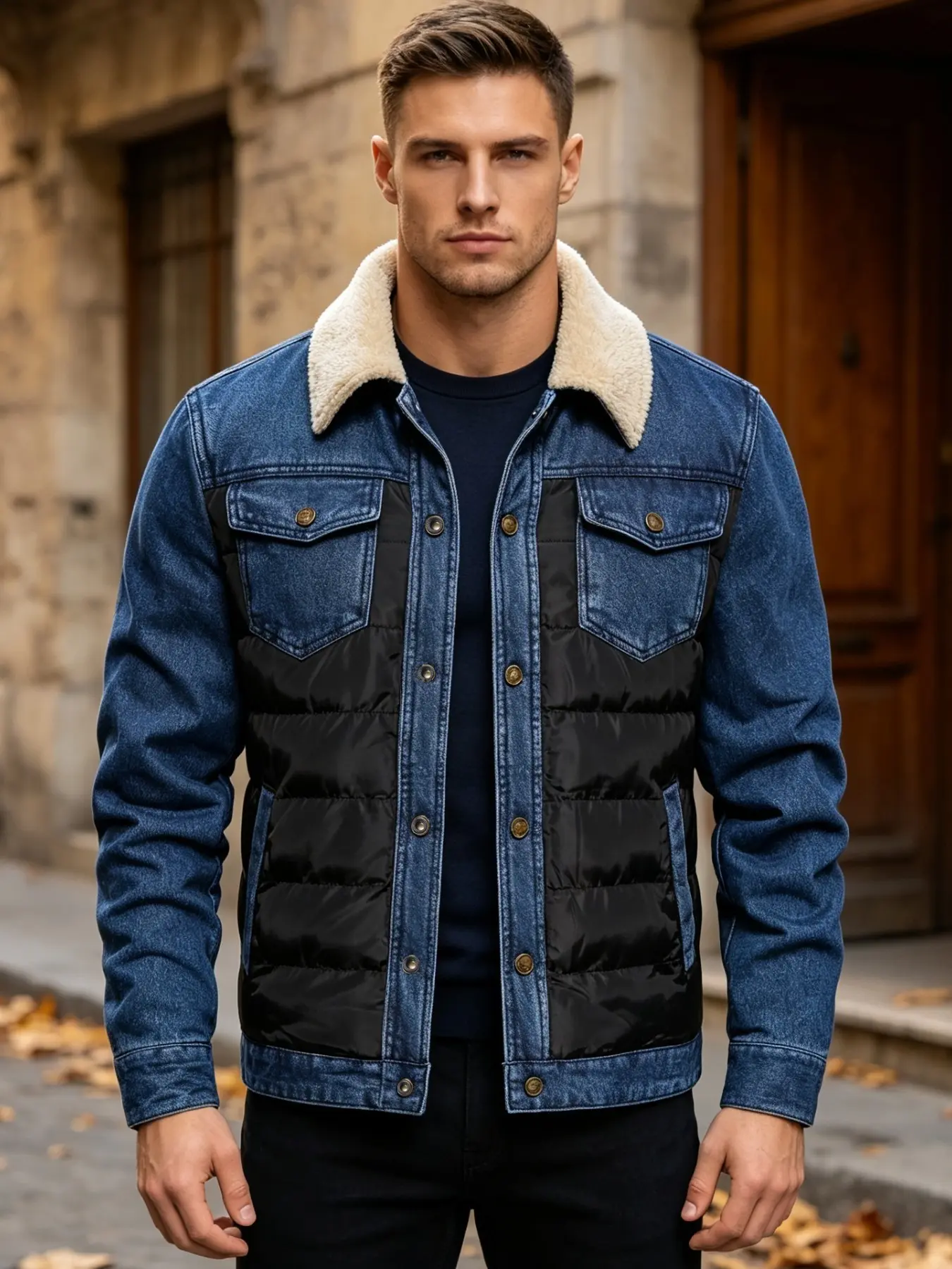Men's Fall Winter Vintage Washed Denim Work Jacket, Loose Fit, Long Sleeve, Snap Closure, Chest Pocket, Casual Style, Warm and Cozy