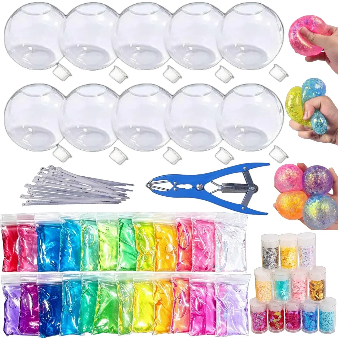 DIY Stress Ball Kit, Slime Supplies, includes 24 colors of slime, 12 colors of glitter powder, 10 transparent ball blank skins, allows making stress balls by kneading, suitable for adult stress relief, beginner's set