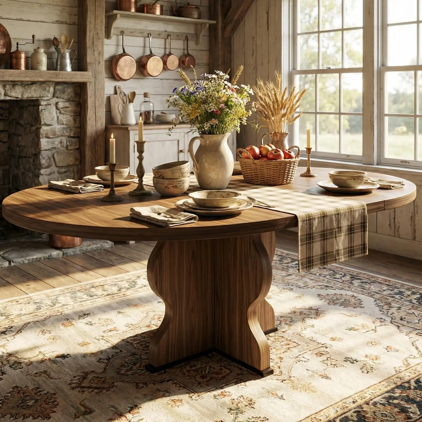 Garvee 47"-63" Extendable Round Dining Table for 4-8 People, Farmhouse Style Expandable Wood Kitchen Table with Wider Legs, Sturdy Metal Frame, Oval Design, Space-Saving Walnut Finish for Dining and Apartment