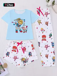 3-Piece Cartoon Print Women's Pajama Set, Short Sleeve Button-Up Top, Elastic Shorts & Pants, Elegant Comfortable Sleepwear
