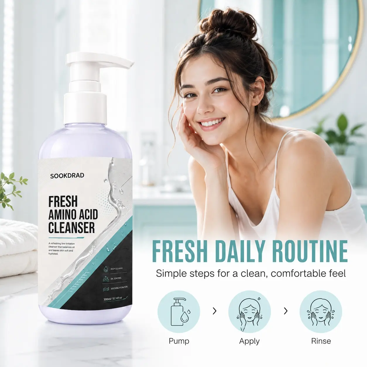 Fresh Amino Acid Cleanser, amino acid, deep cleanse, oil control, soothing hydration, low irritation, oil balancing, soft skin, hydrated skin, facial cleanser, all skin types, 300ml/10.14fl.oz