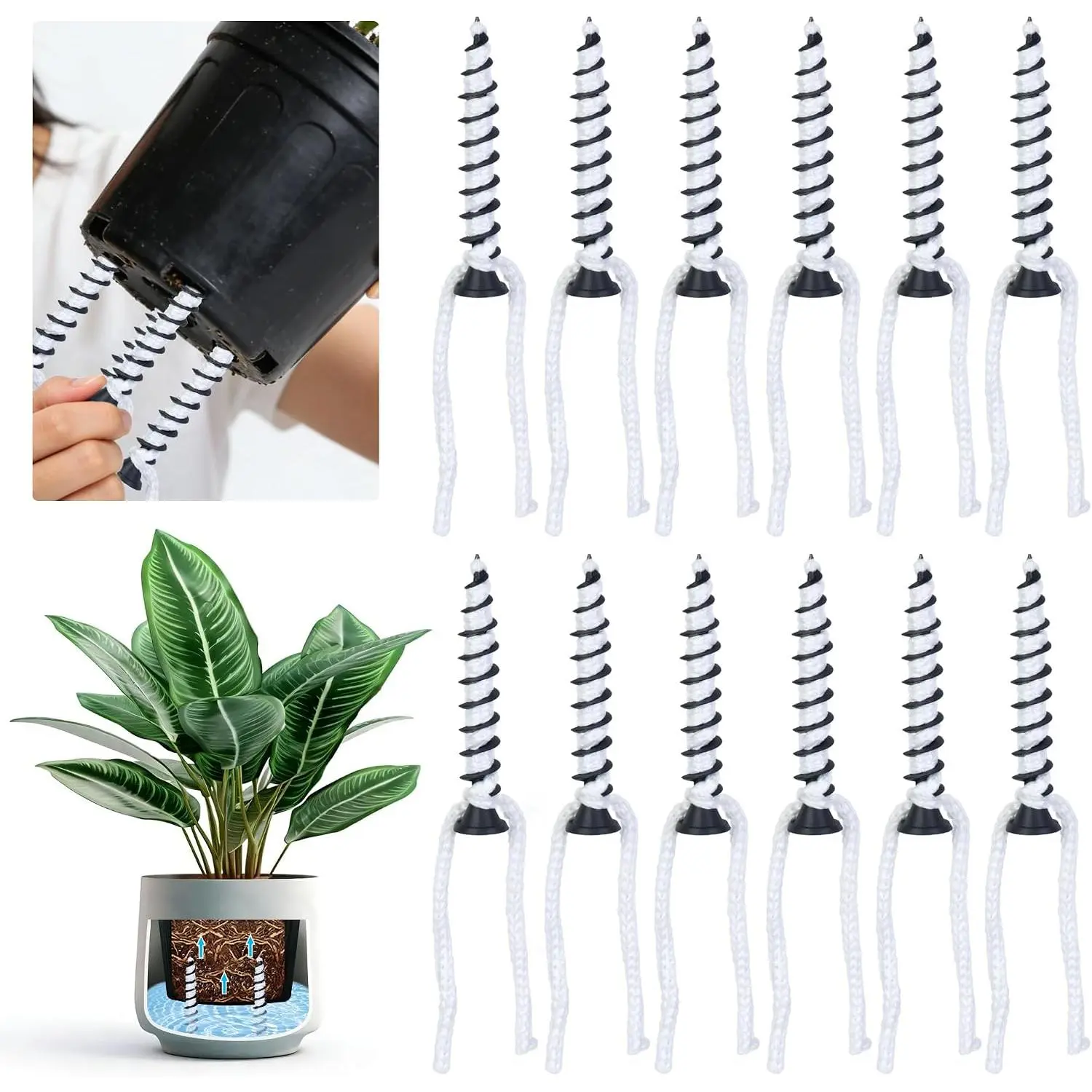 12 Pack Self Watering Spikes, Automatic  Watering Stakes with Wicking Rope for Indoor Outdoor  DIY  Self-Watering System Devices for Grower Pots Potted  Seedlings