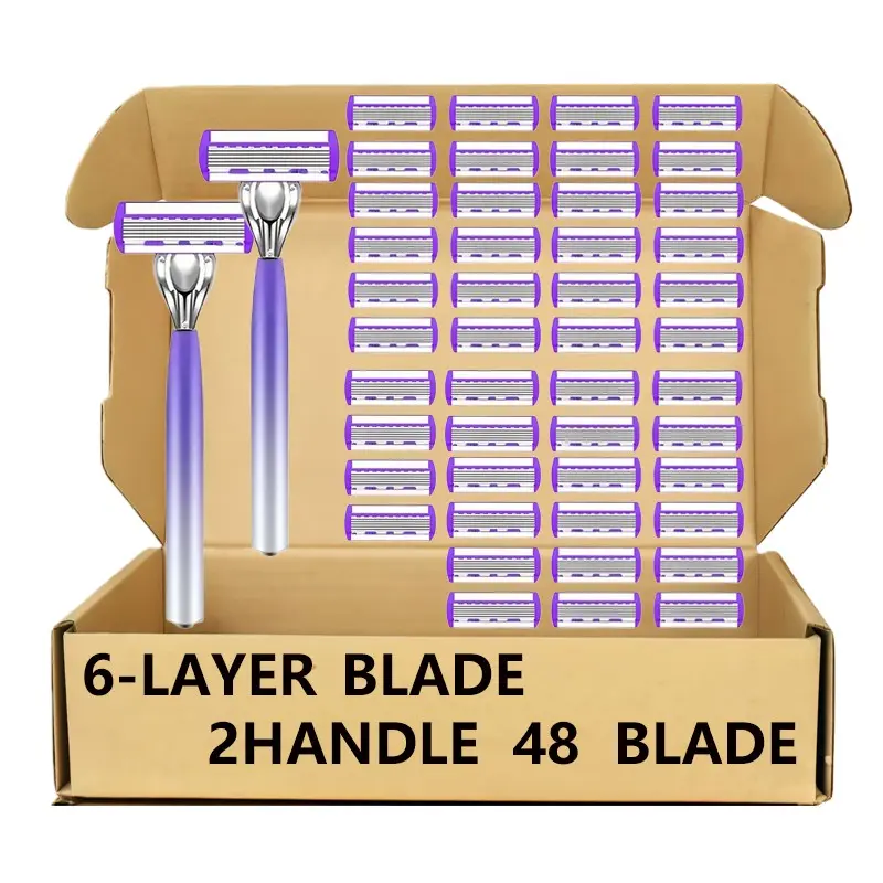 Gradient Purple 6-Layer Blade Shaving Razor Set for Women Girls, 2 Comfort Grip Handles & 48 Replacement Blades, Gentle Smooth Irritation-Free Shaver for Full Body Hair Removal, Perfect for Legs, Armpits & Bikini Line Daily Use