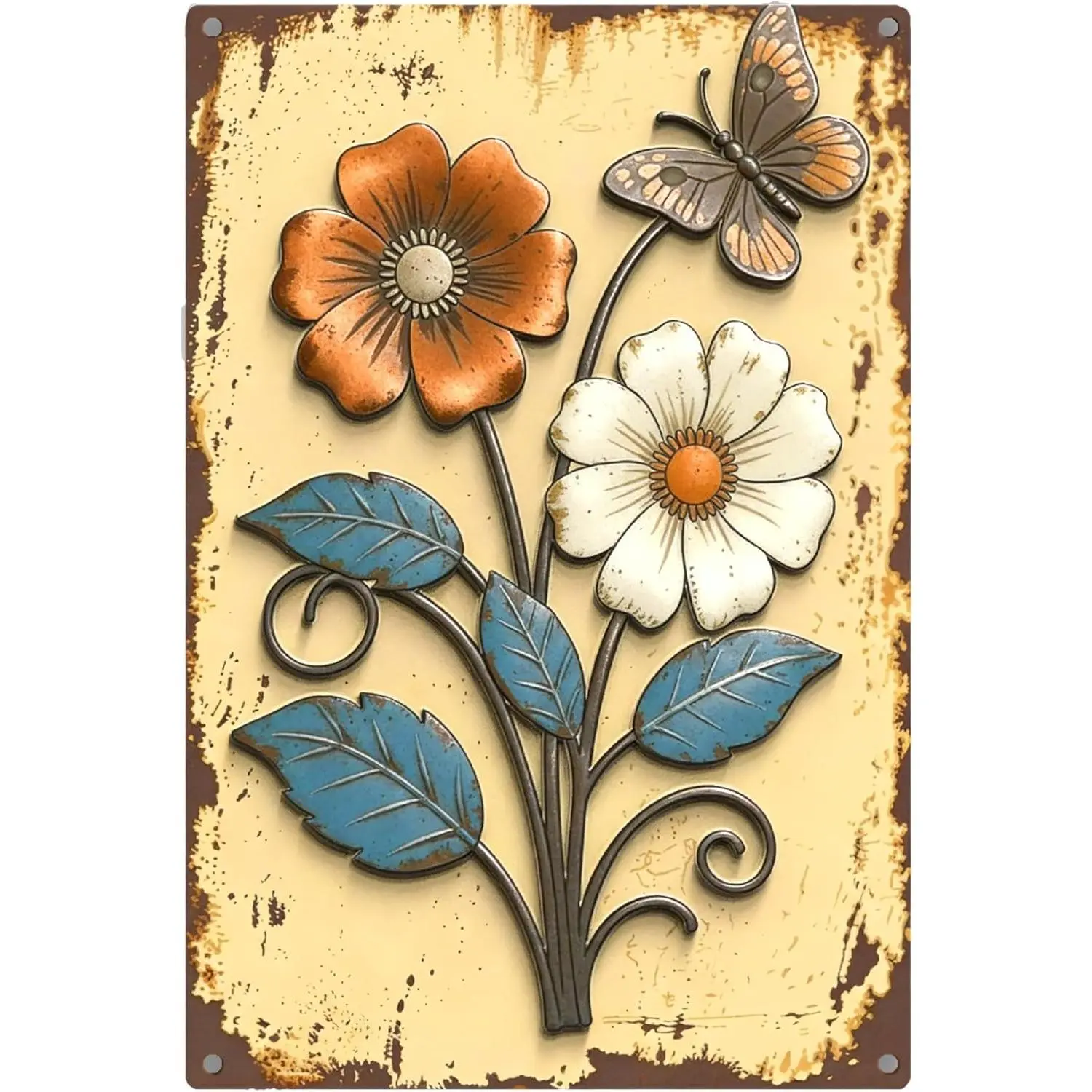 8x12 Inch Vintage Floral Butterfly 3D Embossed Metal Tin Sign, Lightweight Decorative Artwork - Rustic Farmhouse Entryway Hanging Wall Decor for Patio, Home, Spring-Summer Wall Plaque