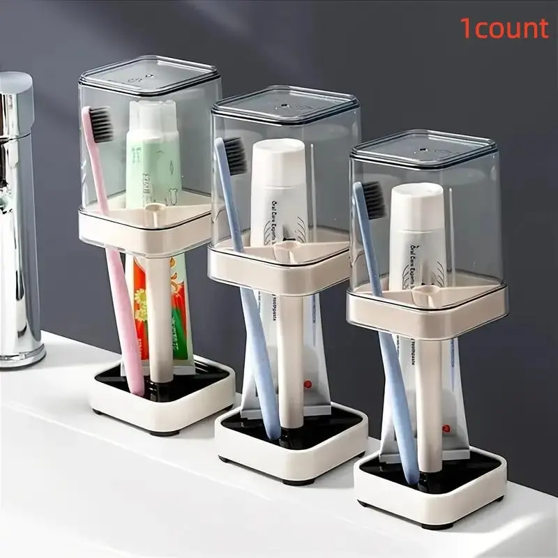 Toothbrush Holder with Cup, Toothbrush Holders, Toothbrush And Toothpaste Holder, 1 Count Toothbrush & Toothpaste Storage Rack, Bathroom Countertop Toothbrush Organizer for Home Dormitory Hotel, Home Goods, Bathroom Accessory