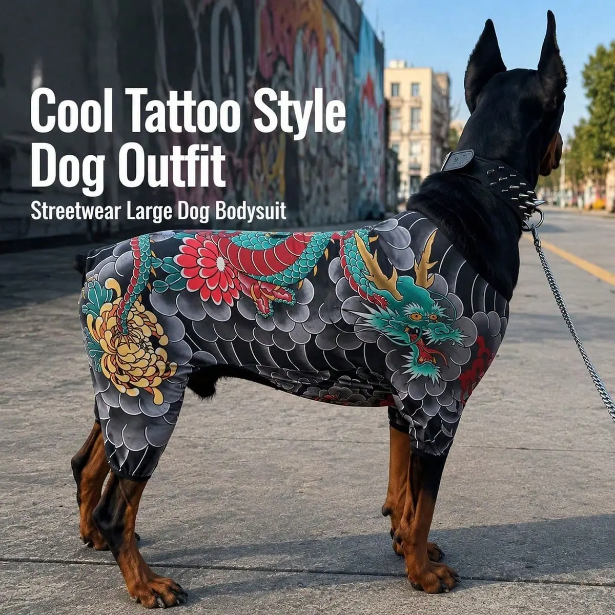 Dog Tattoo 4-Leg Bodysuit, Cute Full Stretch Anti Hair Loss Pet Jumpsuit, Dragon Chrysanthemum Print, All Season Cat Dog Husky Clothes
