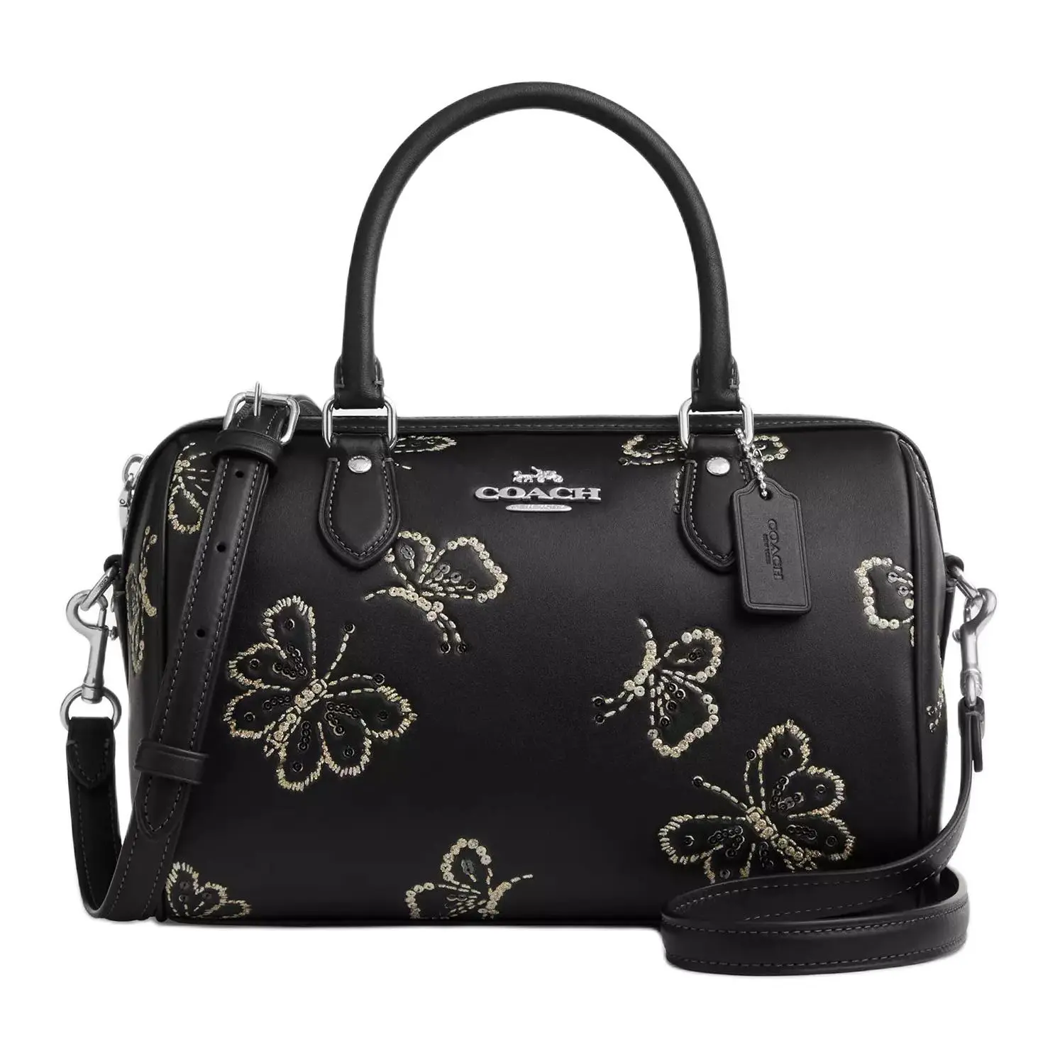 COACH Rowan 25 Crossbody Handbag for Women – Butterfly Print, Adjustable Strap, Smooth Leather, Silver and Black