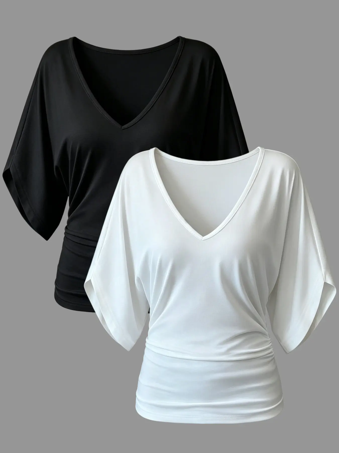 Two-Pack Women's Ruffle Batwing Sleeve V-Neck T-Shirt, Slim Fit Summer Top, Casual Daily Wear, Elastic Waist, Multiple Colors Available, Womenswear