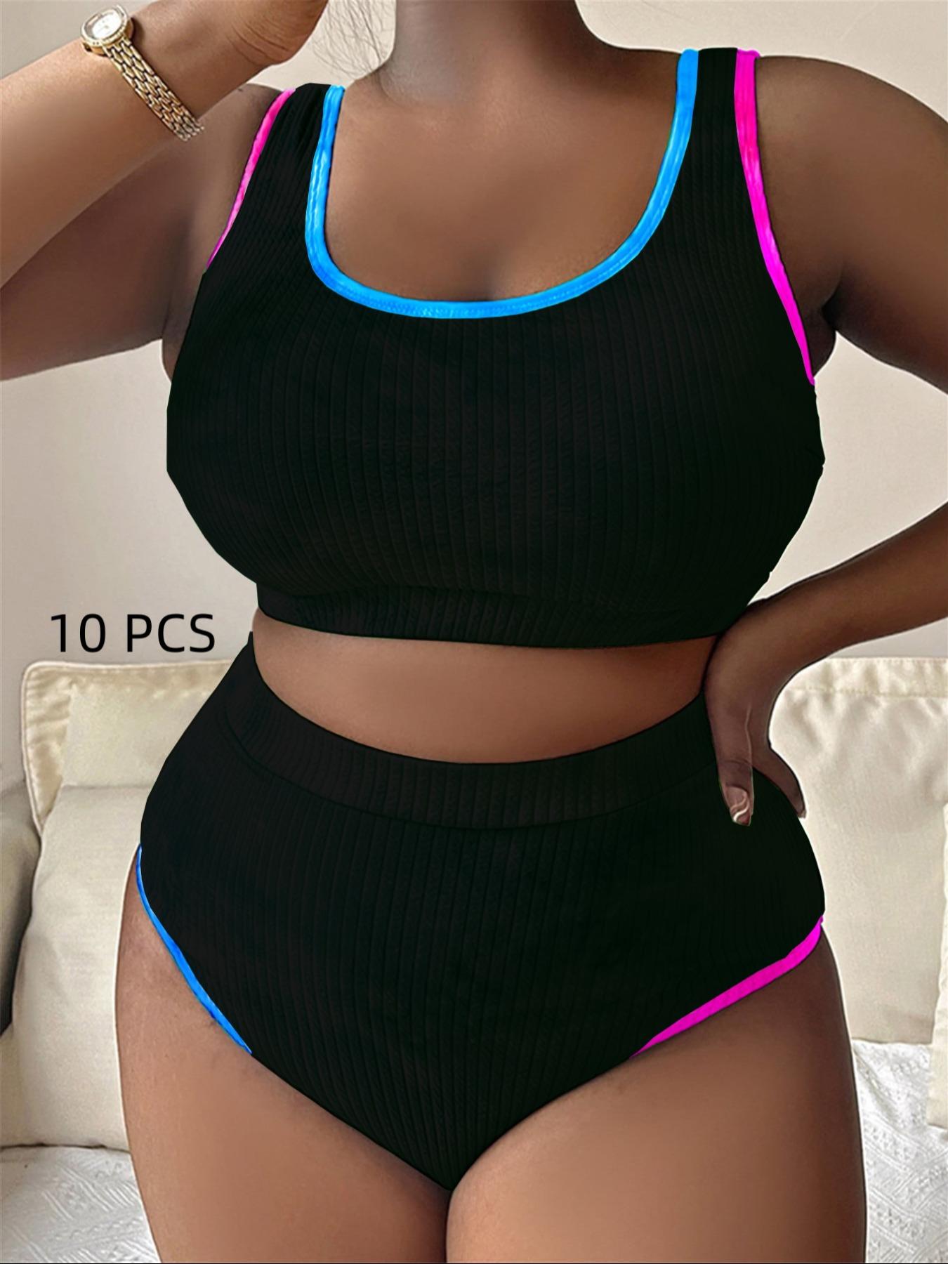 Two-Piece Set Plus Size Women's Tie Dye Print Contrast Binding Tankinis Set, Chic U Neck Swim Top & High Waist Swim Bottom, Women's Summer Outfits 2024, Tankini Bottoms Set