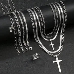 10-Piece Men's Jewelry Set: Minimalist Casual Trendy Hip Hop Stainless Steel Cross Necklace, Twist Chain Bracelet & Rings, Ideal for Vacation, Dating, Holiday Gifting & Daily Street Outfits (No Gift Box Included)