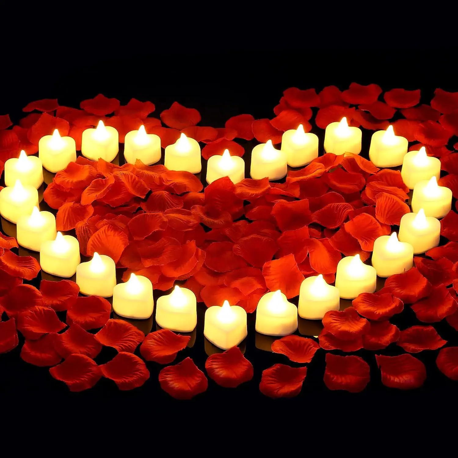 Artificial Rose Petals and LED Candles Set - 1000 Pieces Red Petals, 24 Heart Shape Flameless LED Lights Candles (4-5 Hours Use), Festive Decor for Valentine's Day, Anniversaries