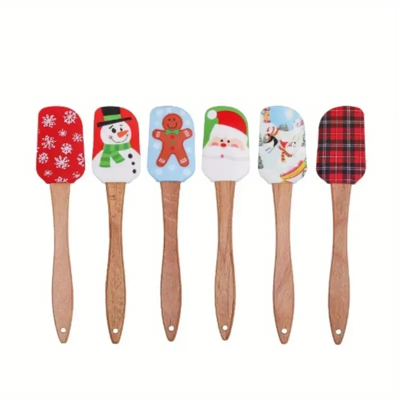 Christmas Baking Spatula Set, Silicone Kitchen Utensils with Wooden Handles for Holiday Cooking & Dessert Making