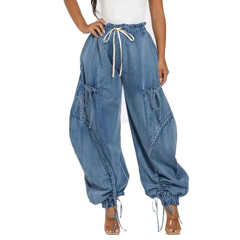 Women's Baggy Y2K Elastic Waisted Jeans Bow-Knot Drawstring Pull-On Cargo Denim Pants Harem Pants Streetwear Womenswear Trouser