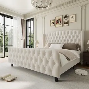 King Size Modern Luxury Upholstered Bed Frame - 51'' Tall Tufted Wingback Headboard & Footboard, Grey Velvet, Nailhead Trim, Sturdy Noise-Free Wood Slats, No Box Spring Needed, Easy Assembly, Bedroom Furniture, King Bed Frames