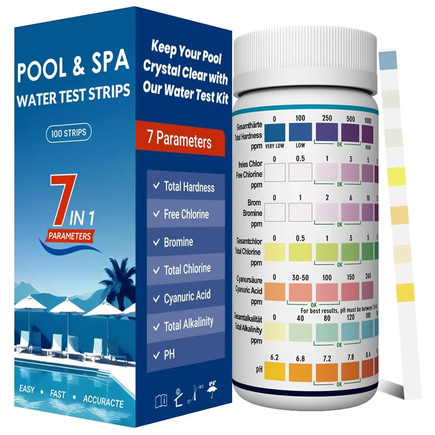Upgraded 2026 7-in-1 Water Testing Kit for Pools & Hot Tubs - 100ct, Fast Result (15 Seconds Accurate) for Pool Owners’ Water Check of Cyanuric Acid, pH, Chlorine, Bromine, Alkalinity, Hardness