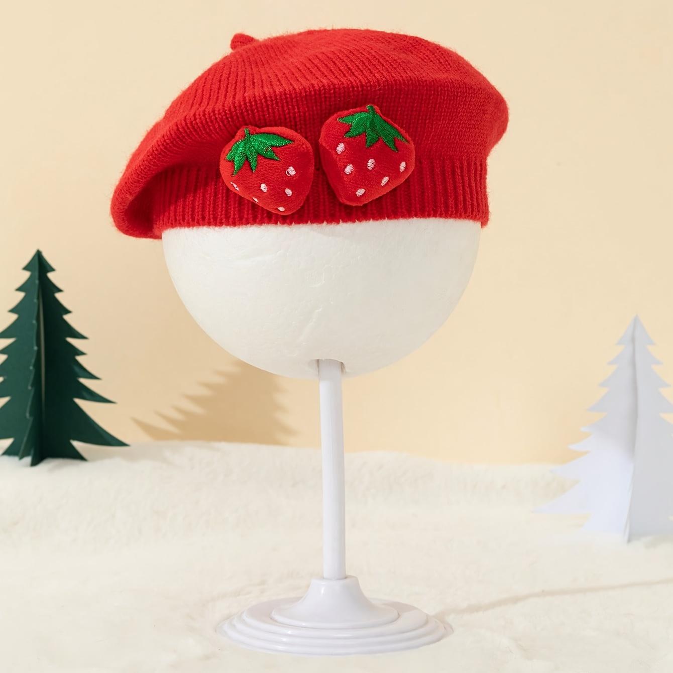 Girls' Strawberry Knit Beret Hat - Stretchy Lightweight Winter Hat with Red Strawberries, Soft Pastel Colors (Pink, Yellow, Green, Blue, Purple) - Christmas, Thanksgiving, New Year Party Outfit - for Ages 3- - Easy-Care Kids' Formal & Everyday Winter Acce