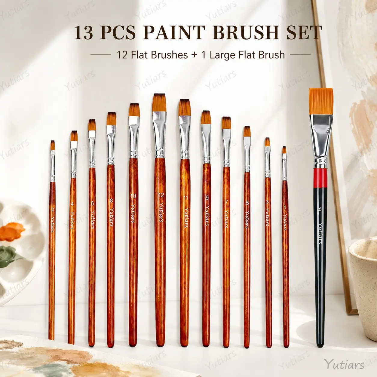 Professional 13 Piece Flat Brush Set, Multi Size Paint Brushes with Smooth Wooden Handles, Synthetic Bristles for Acrylic Oil Watercolor Painting, Fine Art, Crafts and Studio Use