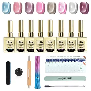 Hl Galaxy Cat Eye Nail Art Kit, 8 Colors Magnetic Powder Effect, No Base/top Coat Needed, Salon Quality DIY Set, Blue//silver/nude Shades