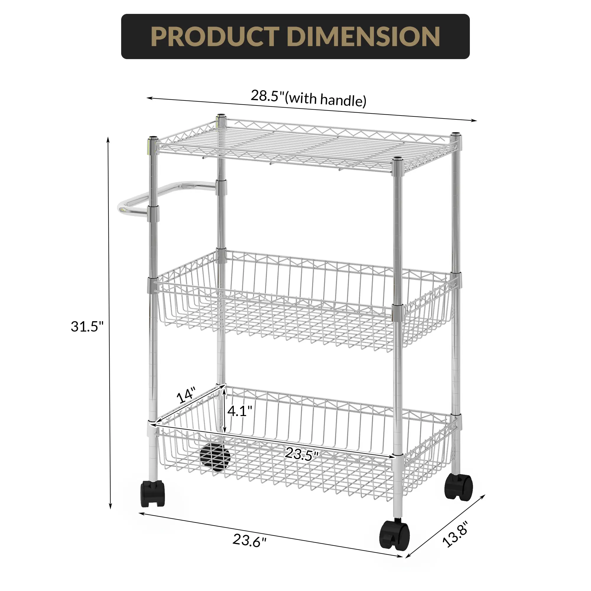 3 Tier Chrome Metal Wire Rolling Kitchen Cart Heavy Duty Mobile Utility Storage Trolley Adjustable Shelves Storage Organizer For Pantry Silver