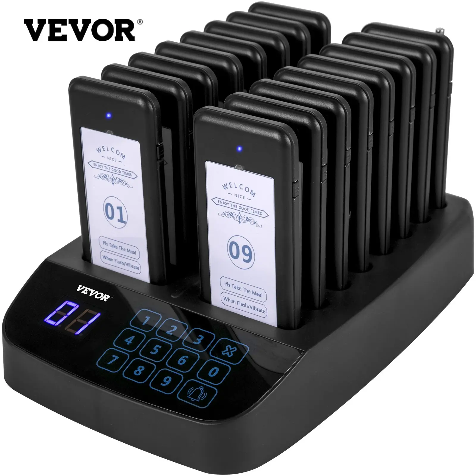 【Summerfinds】VEVOR F101 Wireless Restaurant Pager System - 16 Pagers, 98 Channels, 300-500m Range, Waterproof Touch Screen Keyboard, Rechargeable Long Standby Battery, Digital Display, Vibration/Flashing/Buzzer Alerts for Restaurants, Hospital