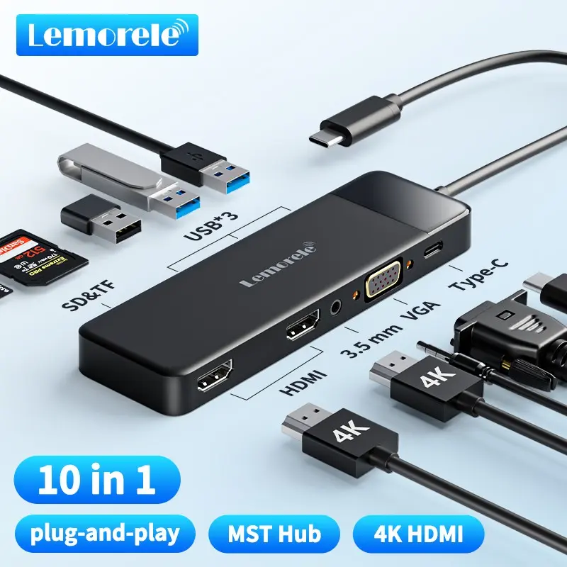 Lemorele 10-in-1 USB-C Docking Station, Dual HDMI 4K@30Hz, VGA, Audio, SD/TF Card Reader, 100W PD Fast Charge, Multi-Port Hub for Mac Windows iPhone Android for Switch.