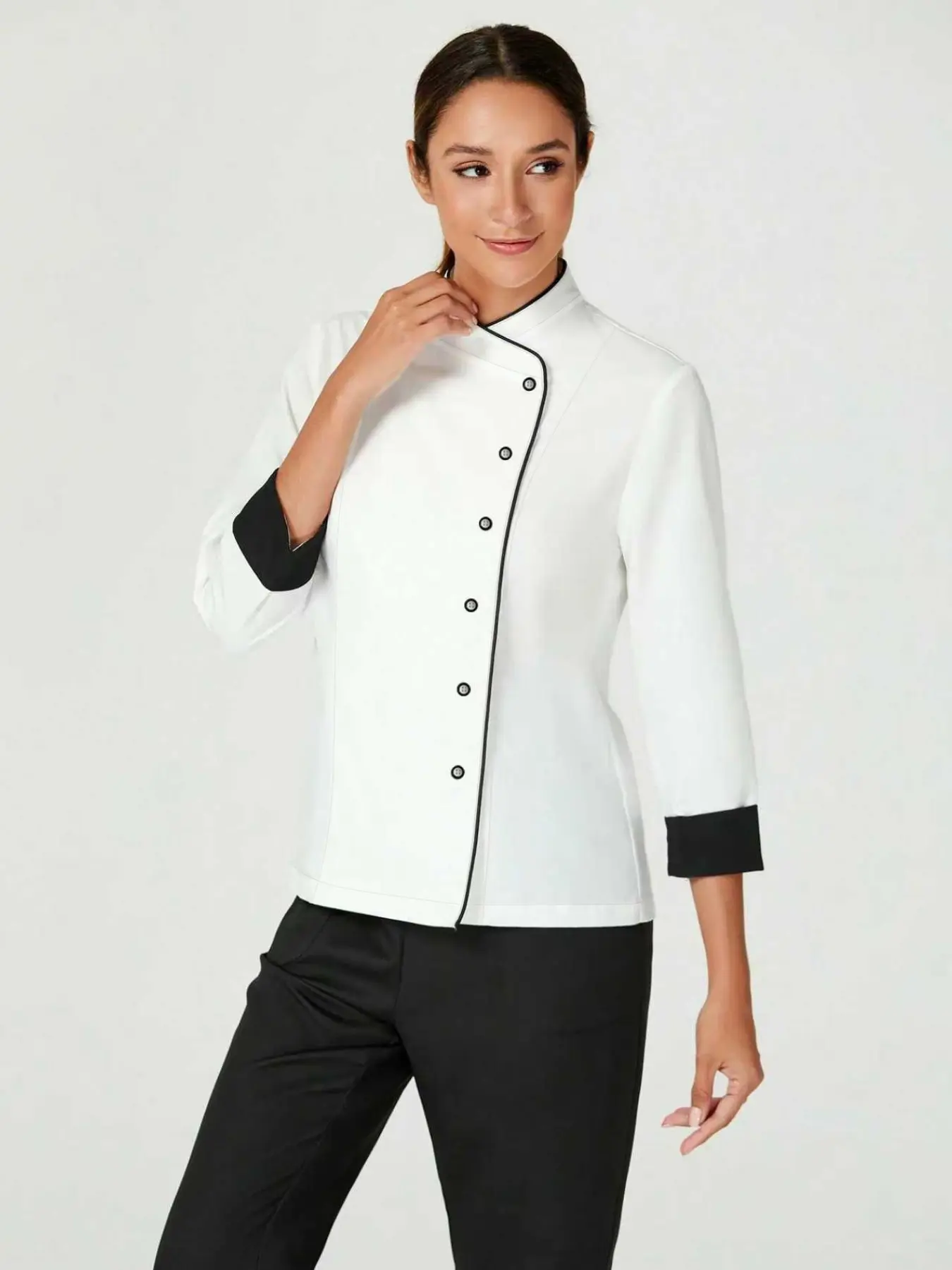 Solid Color Mid- Sleeve Chef Coat Uniform, Chef Jacket, Women's Fashion Commuter Professional Top, Spring Summer Autumn, Stylish Occupational Wear, Career Wear