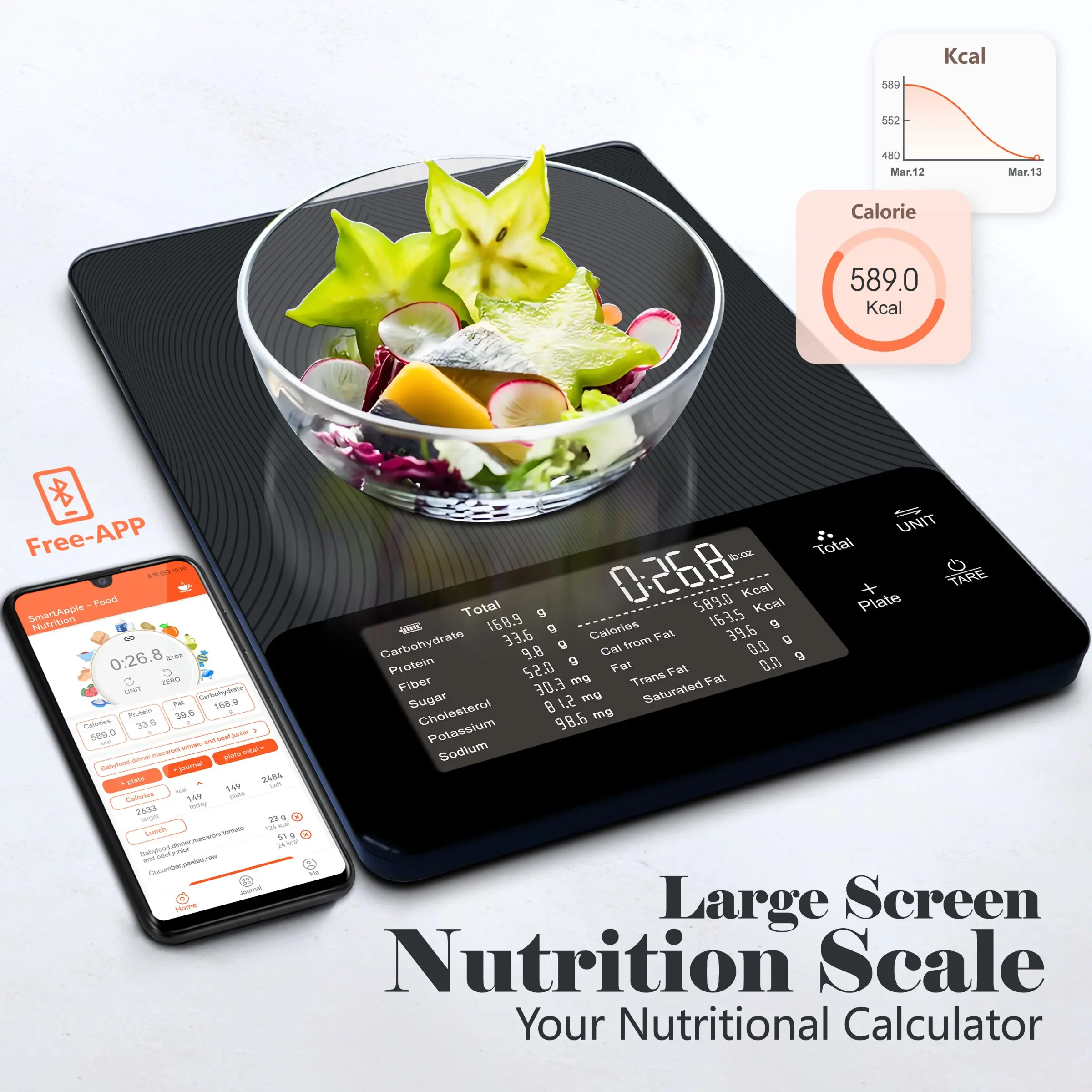 1 pc Smart Food Kitchen Scale with Nutritional Calculator, Free App with 30 Nutrients Tracking, Grams/Ounces Display, Smart Scale for Calorie and Macro Tracking, Portion Control, Fitness Tracking and Weight Loss, 10 kg / 22 lb Capacity