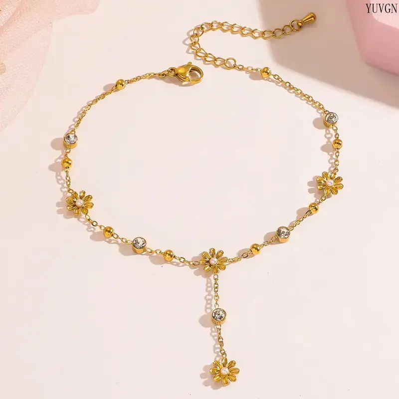 Flower Tassel Zircon Anklet, Trendy Shiny Foot Jewelry for Women, Stylish Daily Ankle Accessory