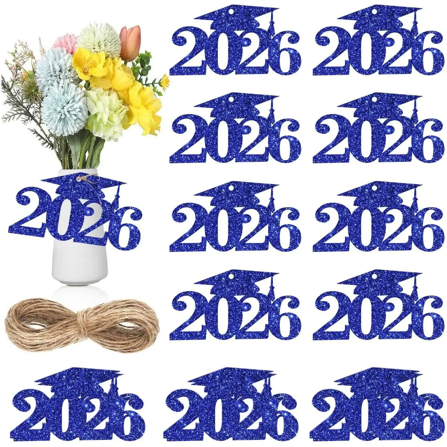 30 count Glitter Blue 2026 Graduation Cutouts Class of 2026 Graduation Centerpieces Grad Cap Tags Picks for Grad Party Decorations