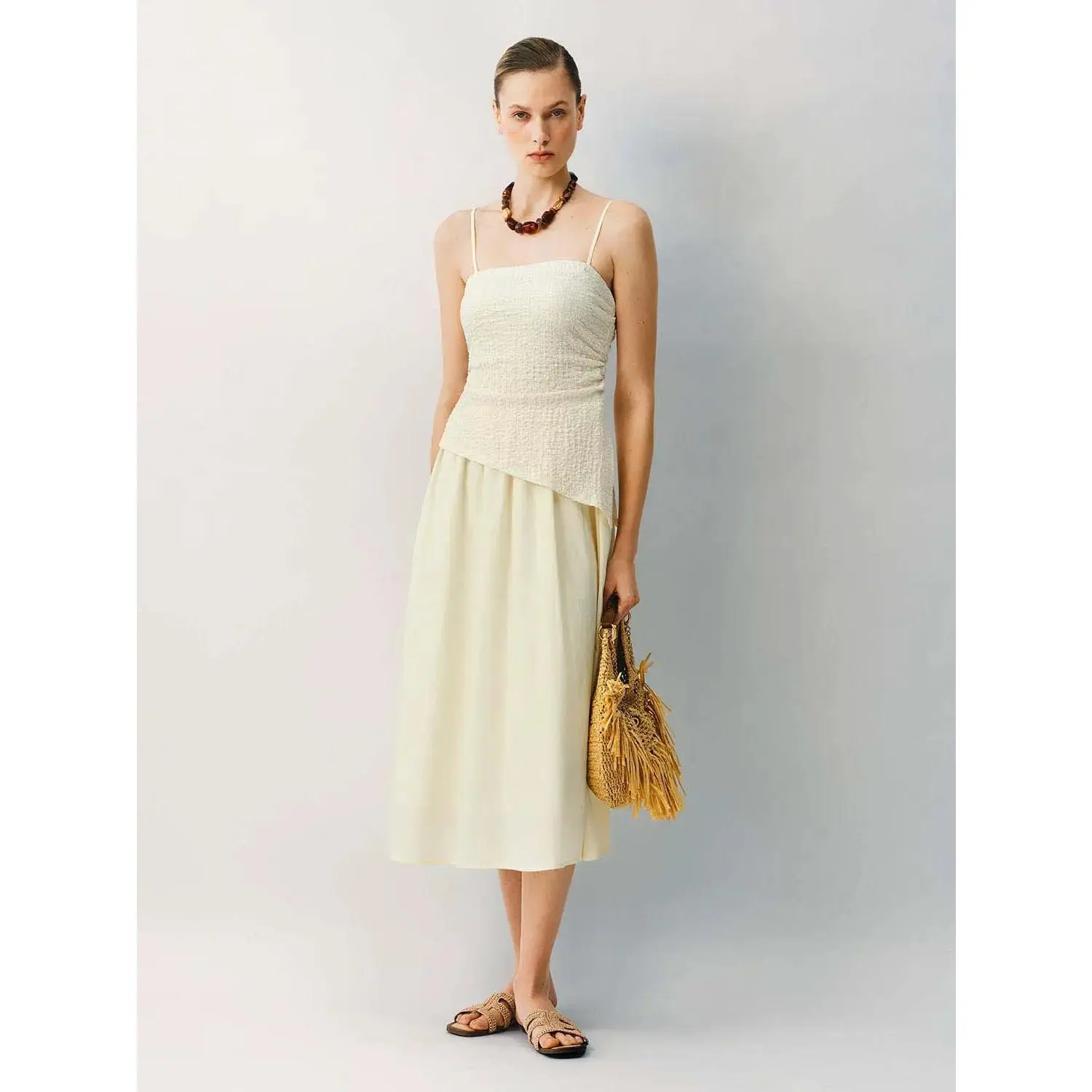 URBAN REVIVO Women's Sleeveless A-Line Midi Dress - Slender Straps, Ruched Polyester Bodice, Asymmetrical Cotton Wrap Skirt with Wrap Closure, Smooth, Minimalist, Fitted, Formal, Shell, Polyester-Cotton Blend