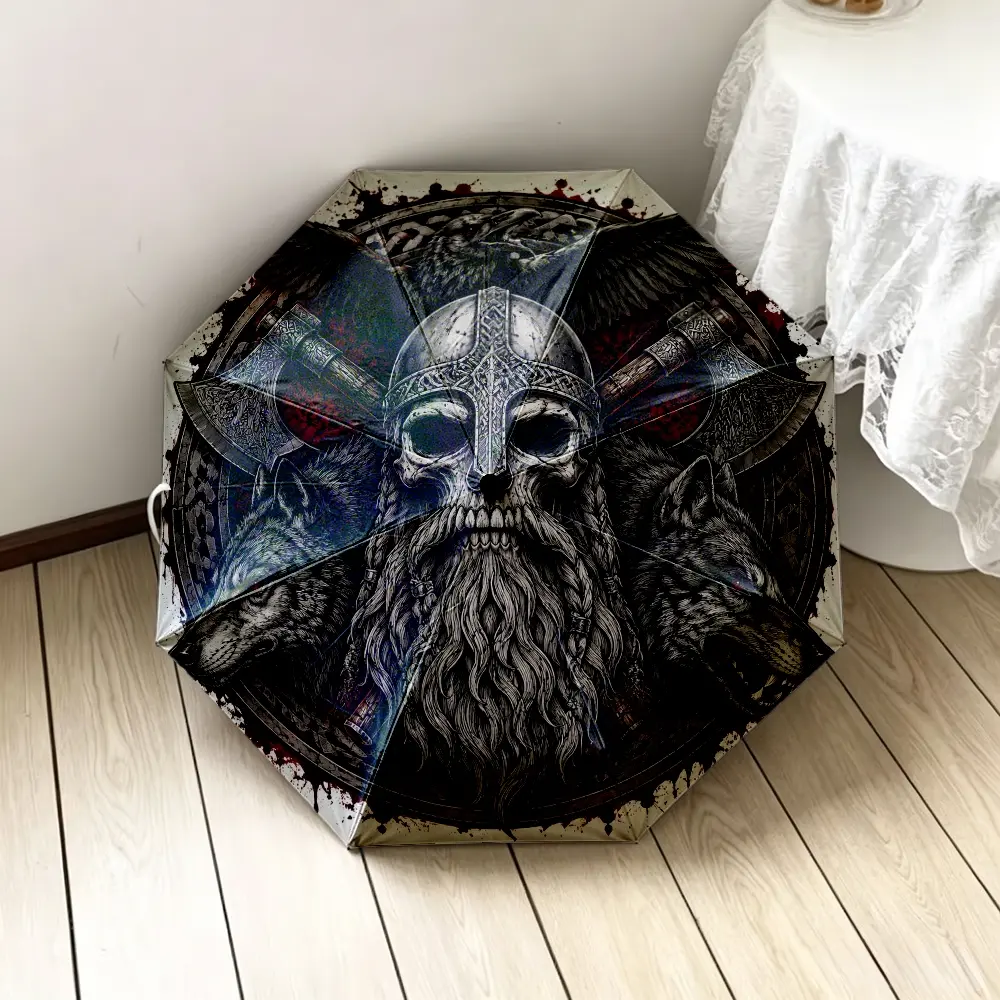 1PC Viking 2D Printed Folding Umbrella, choose between internal printing or external printing, featuring raven wolf axe pattern, ideal for daily use, travel, camping, hiking and various outdoor activities