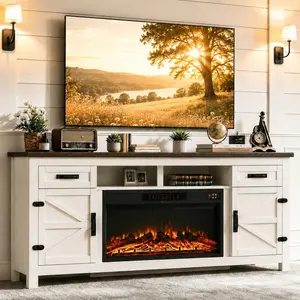 Farmhouse Fireplace TV Stand with Barn Door - 80in White & Black Furniture for TVs up to 90in, Living Room Home Decor Entertainment Center with Storage Cabinets for Apartment Decorating