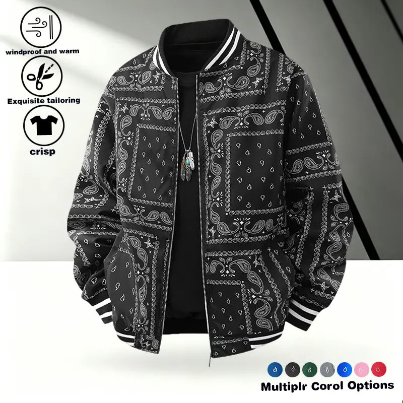 Retro printed baseball collar jacket, unisex street style loose and versatile jacket