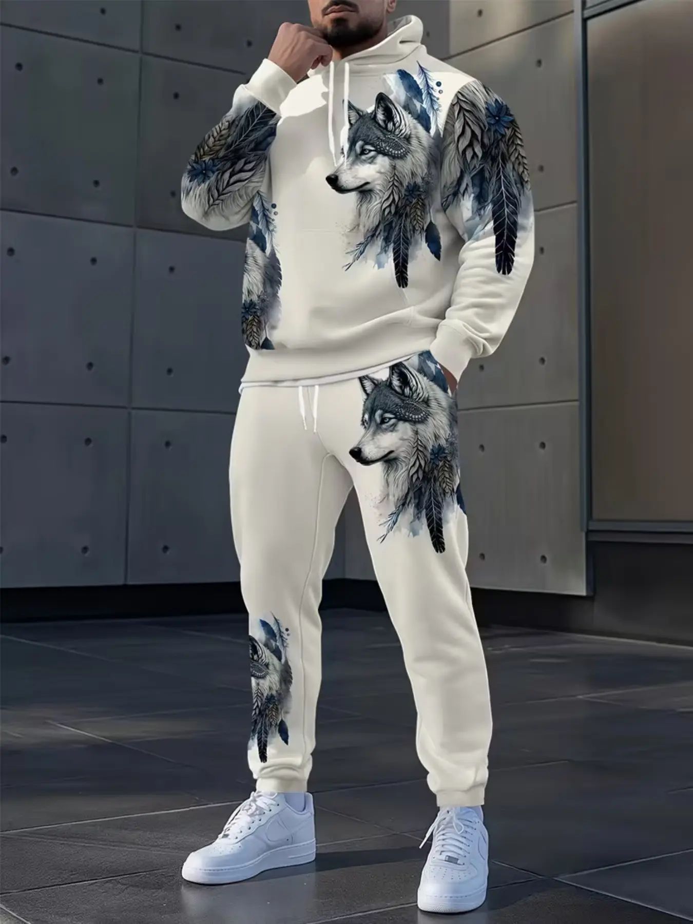 Men's Fall Winter Wolf Pattern Full Body Digital Print Set, Long Sleeve Sweatshirt + Drawstring Pants, Casual Sporty 2-Piece