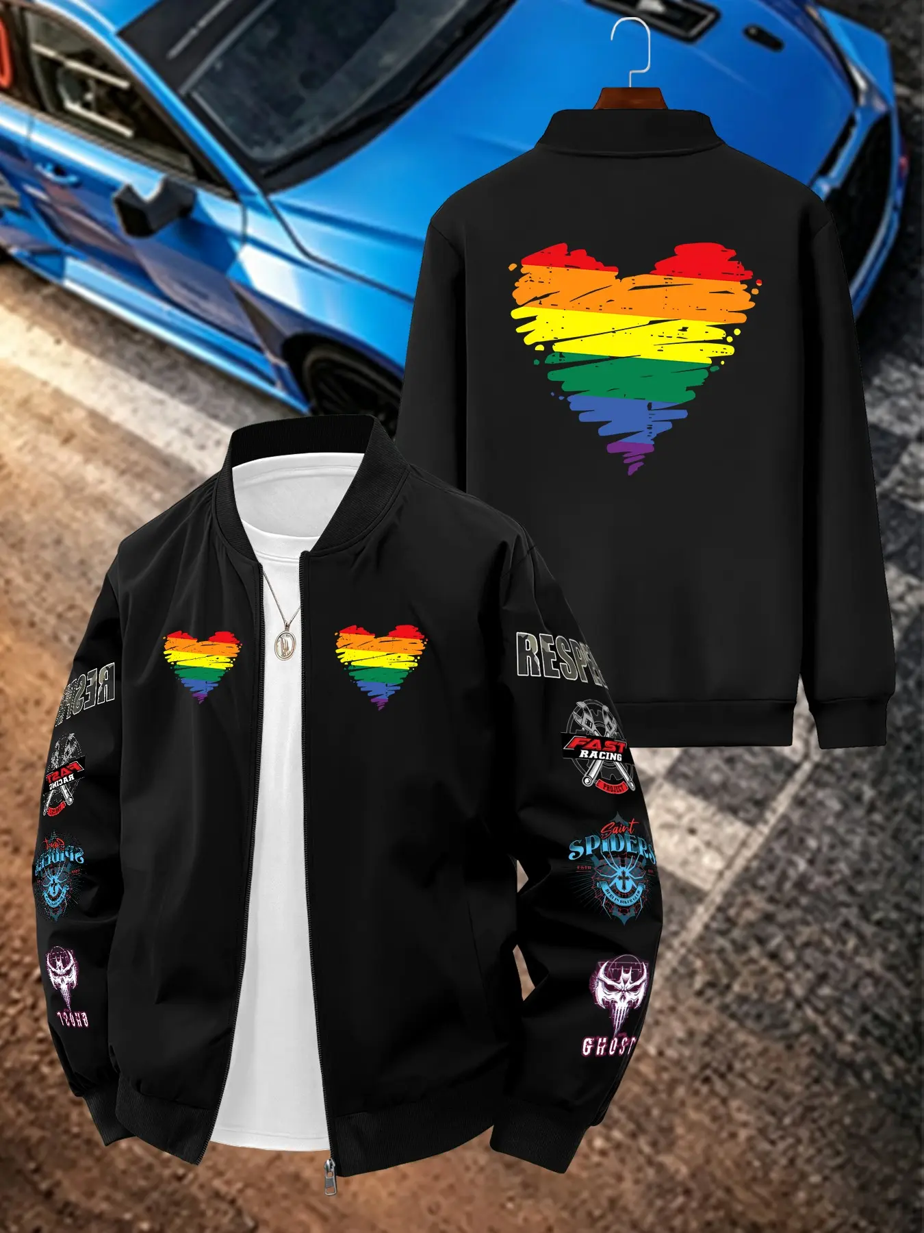 Rainbow Heart Print Men's Casual Jacket, Long Sleeve Slim-Fit, All Seasons, Polyester Fiber, Plain Surface