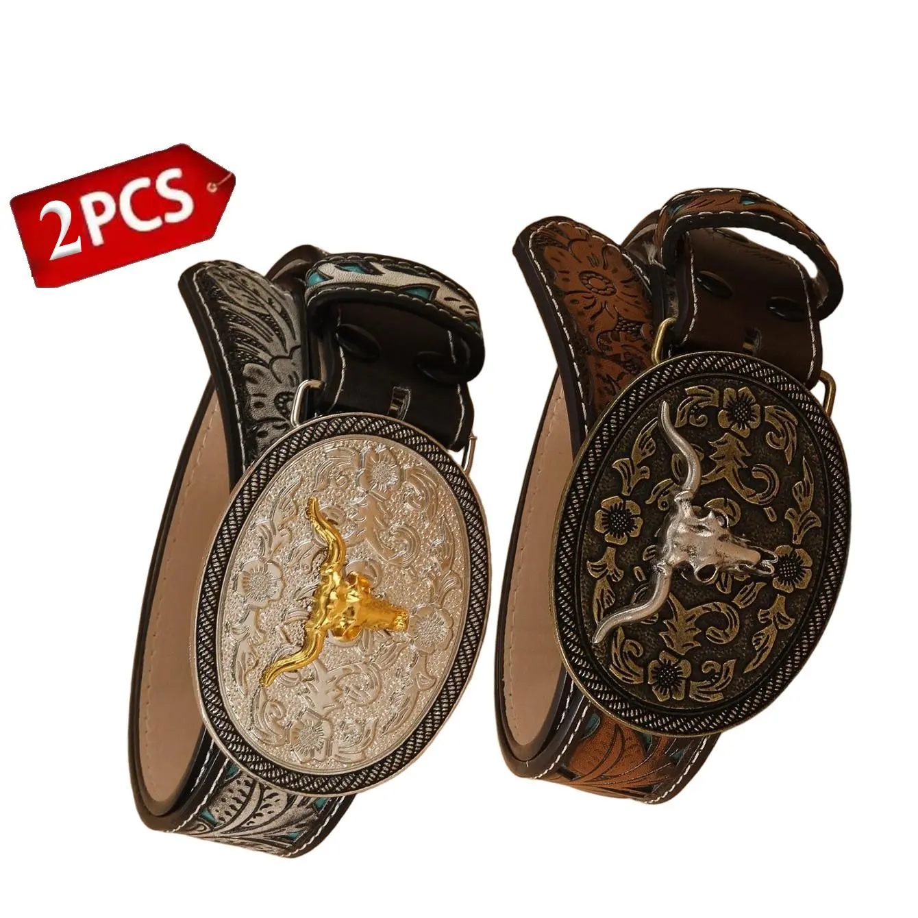 2PCS Men’s Western Cowboy Belt with 3D Longhorn Bull Buckle & Tooled Floral Pattern