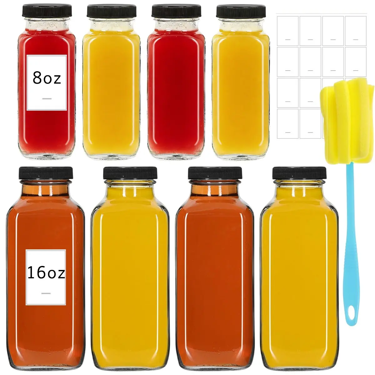 Glass Bottles with Lids, 8 pcs Glass Fruit Juice Container Bottles, Reusable Wide Mouth Glass Storage Bottles with Lids, Clear Glass Juice Bottles for Milk, Hot Cold Drinks, Homemade Beverages