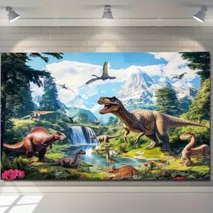 1pc Large Dinosaur Wall Mural - 70"x90" (179x228cm) Prehistoric Jungle & Ice Age Backdrop with T-Rex, Stegosaurus, Triceratops, Pterodactyls - Durable for Room Decor, Party, Photo Booth Background, Themed Events