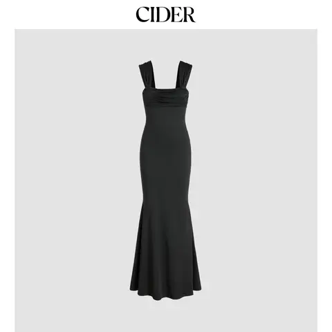 Cider [6 colors, size 0-10] Solid Ruched U-neckline Ruffle Maxi Dress