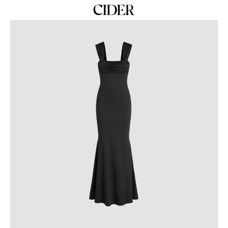 Cider [6 colors, size 0-10] Solid Ruched U-neckline Ruffle Maxi Dress