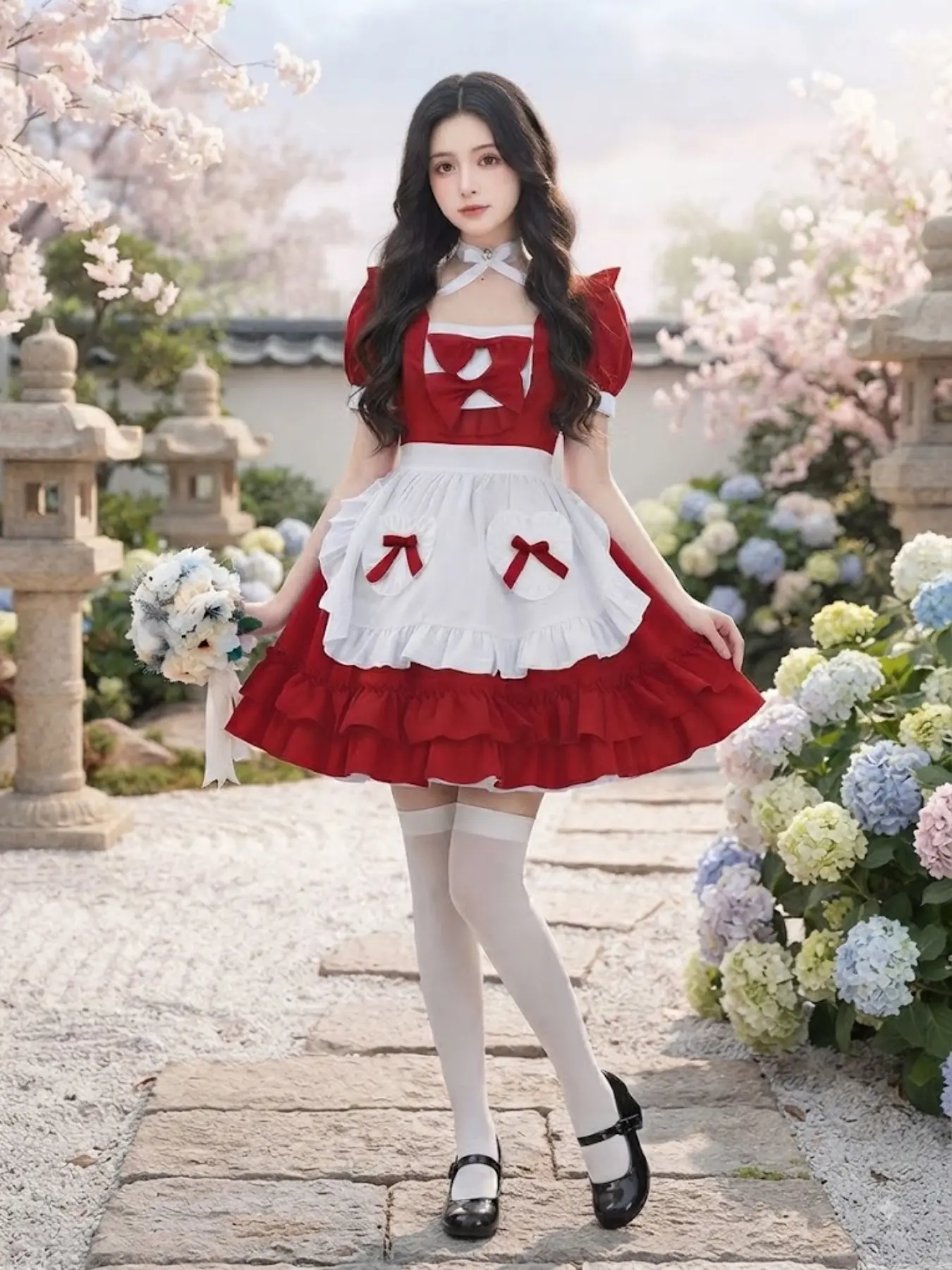 Women's Sexy Maid Cosplay Costume, Long Loose-Fitting Print, All-Season Role Play Uniform, Unlined Female Servant Dress