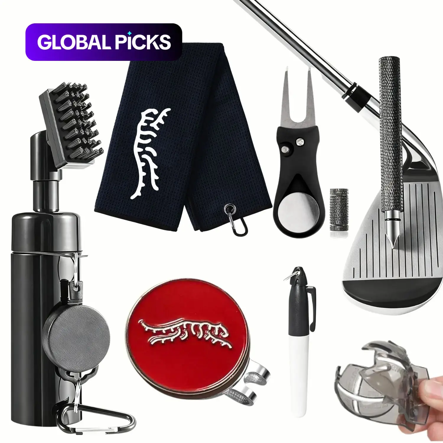 Golf Club Cleaning Kit, Includes Club Cleaner, Towel, Divot Repair Tool, Groove Sharpener & Ball Alignment Kit, Golf Accessories for Women & Men, Golf Gift Sets, Golf Gear, Golf Supply #GLOBAL PICKS